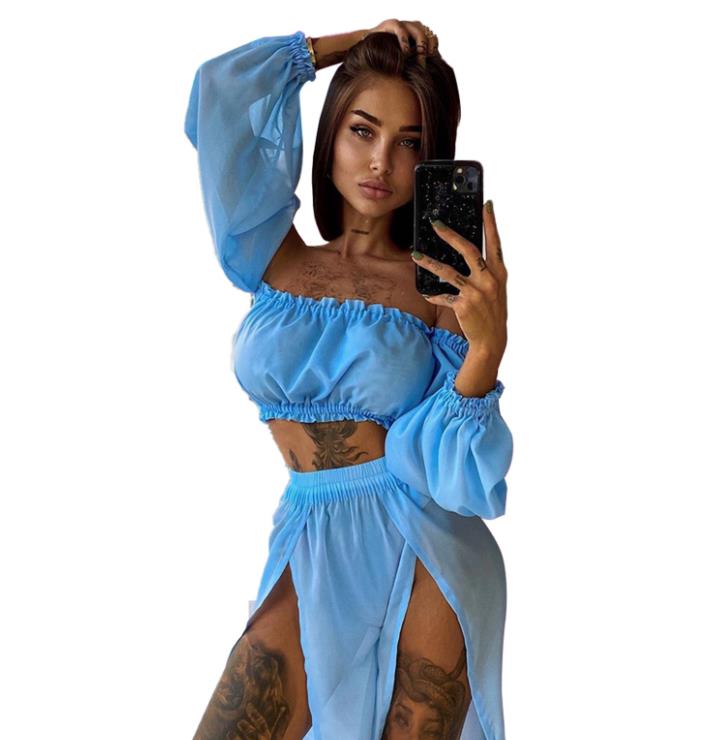 Women's Off Shoulder 2-Piece Beach Set – Long Sleeve Top & Cover-Up Skirt