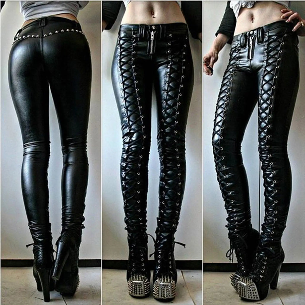 Women's Faux Leather Steampunk Pants – High Waist Skinny Trousers