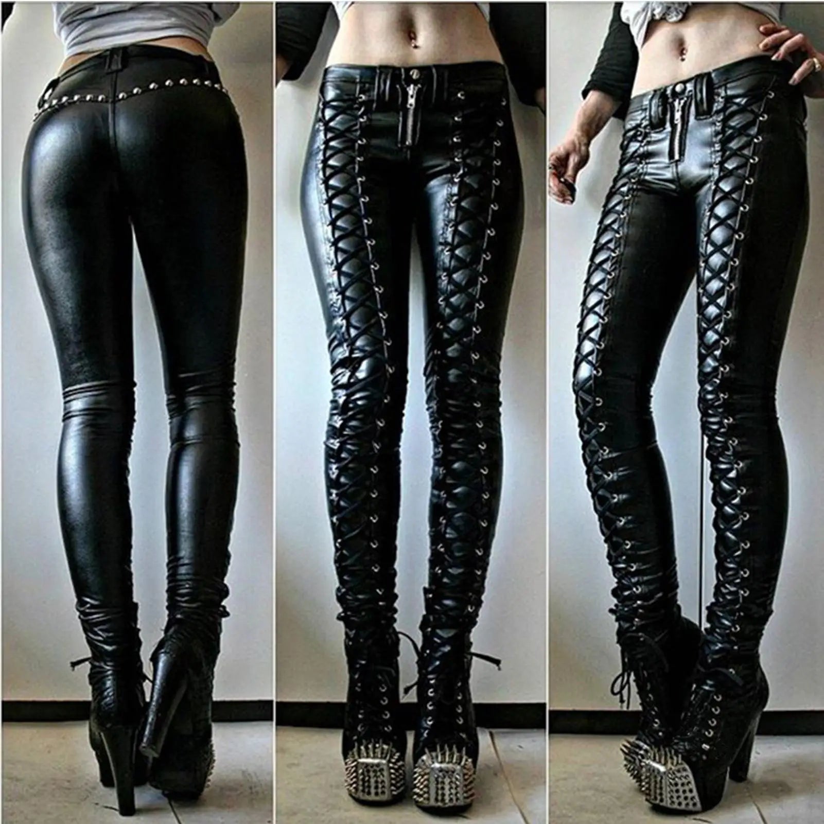 Women's Faux Leather Steampunk Pants – High Waist Skinny Trousers