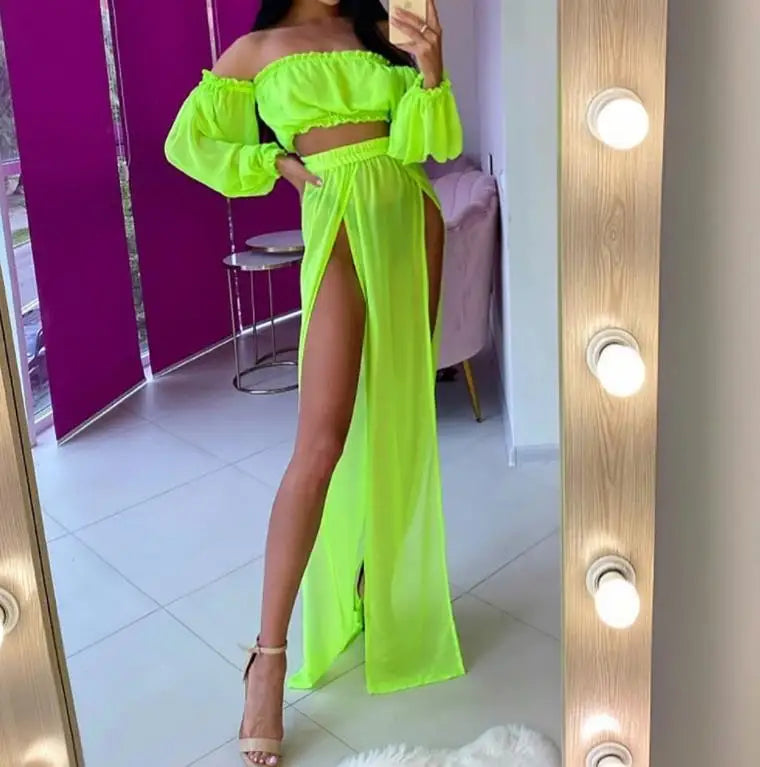 Women's Off Shoulder 2-Piece Beach Set – Long Sleeve Top & Cover-Up Skirt