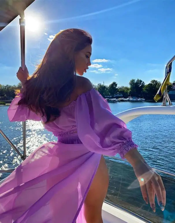 Women's Off Shoulder 2-Piece Beach Set – Long Sleeve Top & Cover-Up Skirt