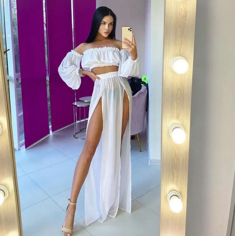 Women's Off Shoulder 2-Piece Beach Set – Long Sleeve Top & Cover-Up Skirt