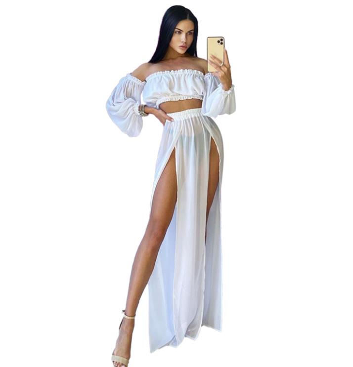 Women's Off Shoulder 2-Piece Beach Set – Long Sleeve Top & Cover-Up Skirt