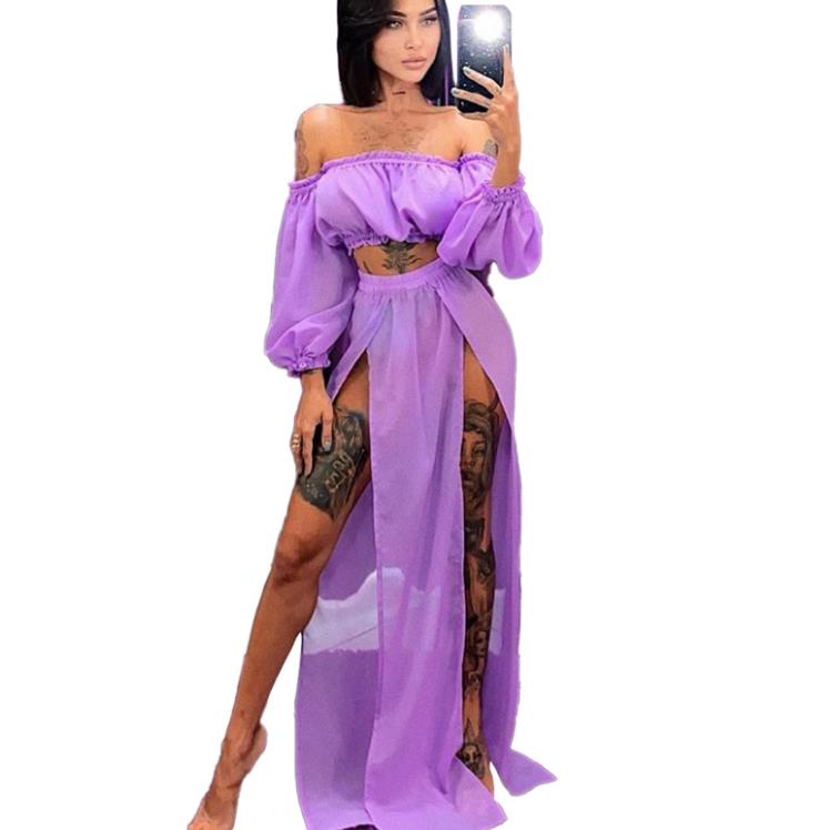 Women's Off Shoulder 2-Piece Beach Set – Long Sleeve Top & Cover-Up Skirt