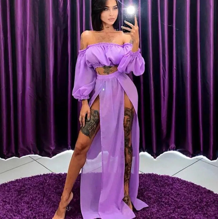 Women's Off Shoulder 2-Piece Beach Set – Long Sleeve Top & Cover-Up Skirt