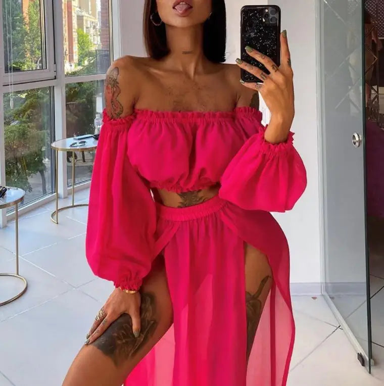 Women's Off Shoulder 2-Piece Beach Set – Long Sleeve Top & Cover-Up Skirt