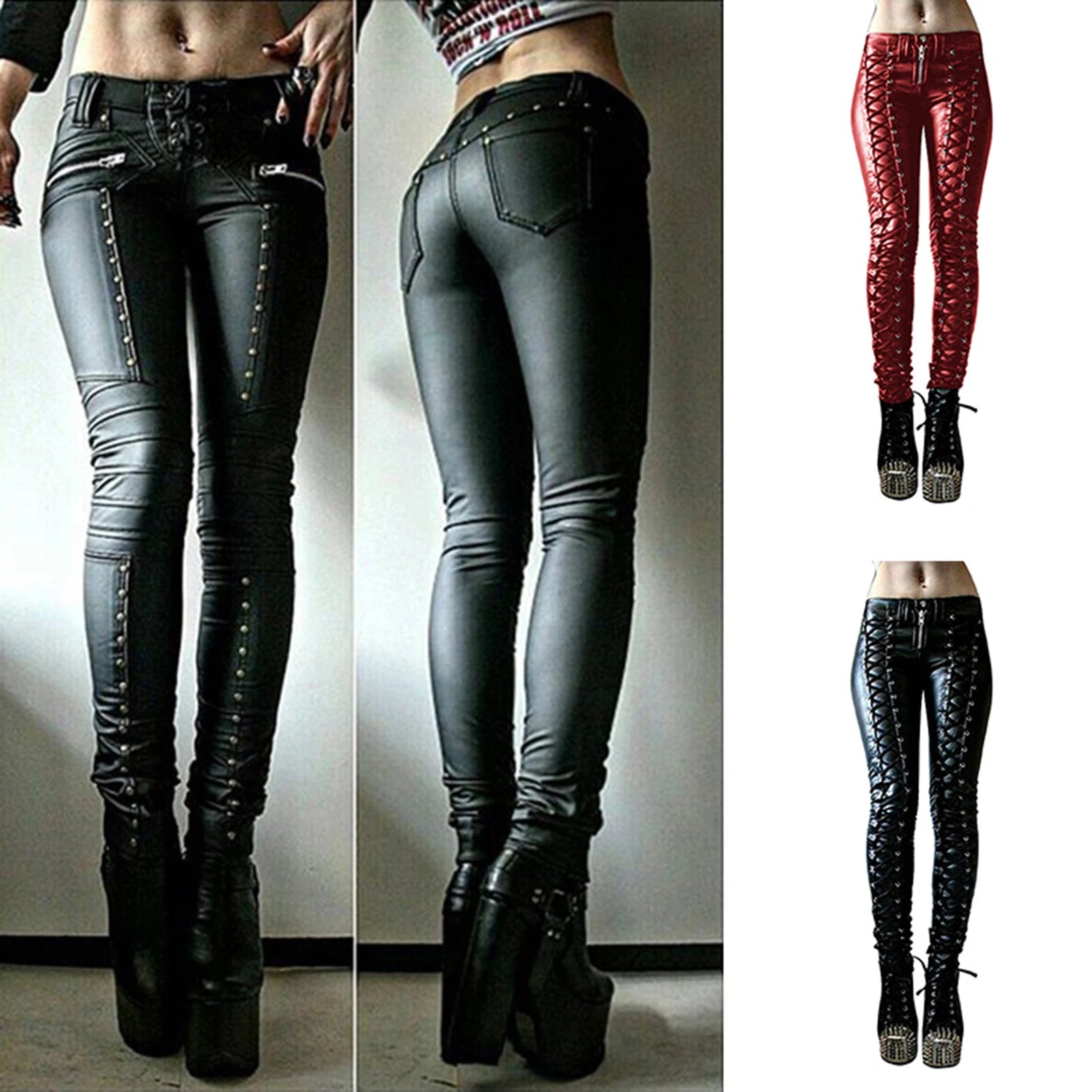 Women's Faux Leather Steampunk Pants – High Waist Skinny Trousers