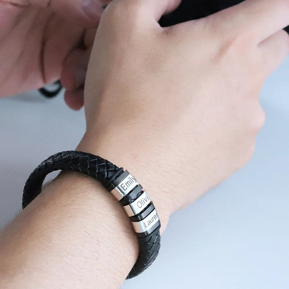 Custom Family Names Beads Personalized Mens Leather Bracelet Stainless Steel Charm Bangle Fashion Jewelry Gift for Men Dad