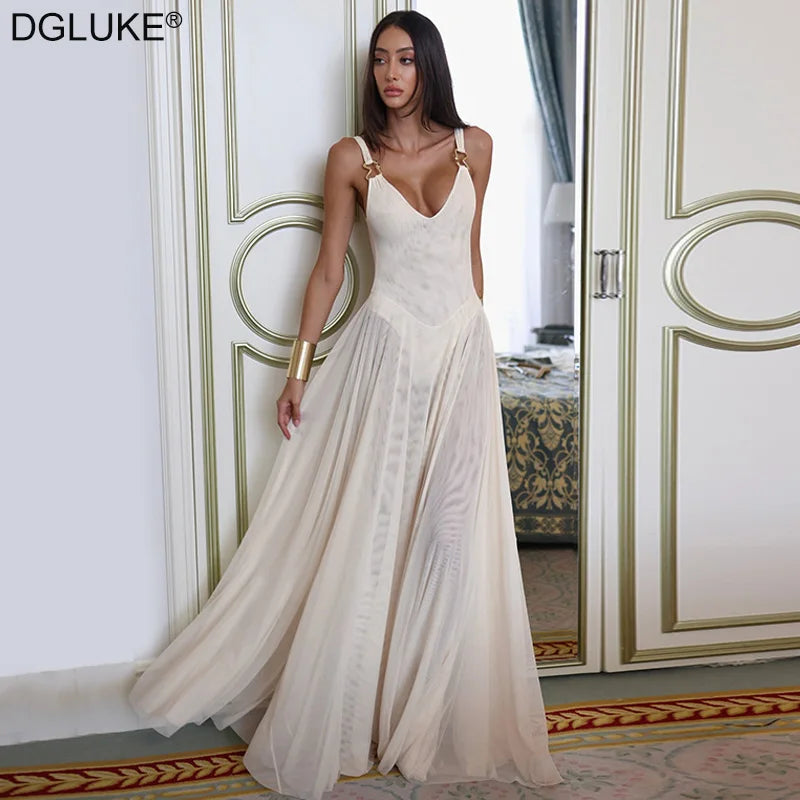 Women's Transparent Mesh Maxi Dress – Backless Beach Party Dress