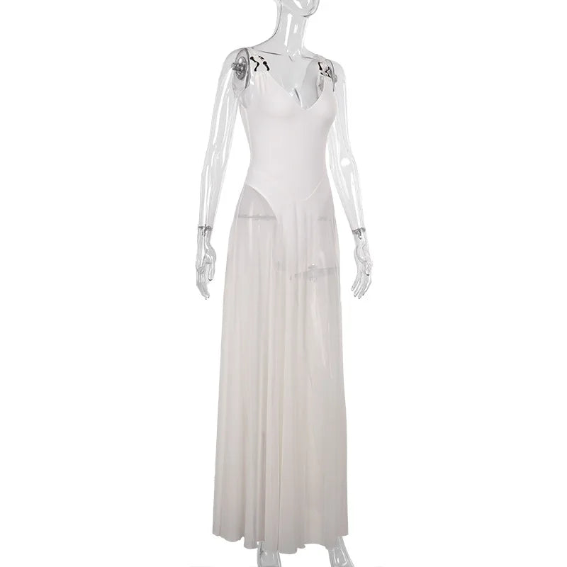 Women's Transparent Mesh Maxi Dress – Backless Beach Party Dress