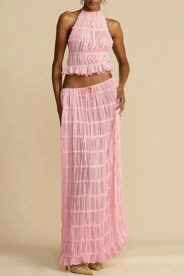 Women's Lace Halter 2-Piece Skirt Set – Backless Vest & Long Skirt