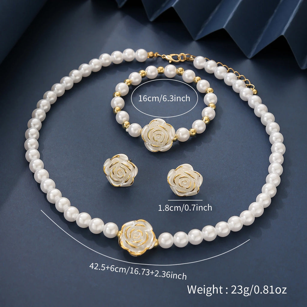 Elegant Pearl Flower Jewellery Set — Necklace, Bracelet & Earrings