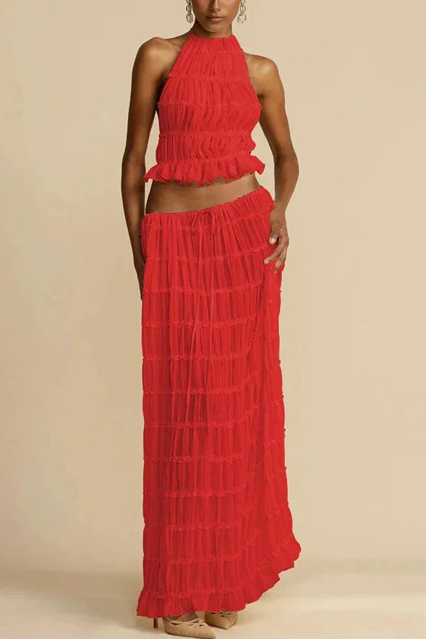 Women's Lace Halter 2-Piece Skirt Set – Backless Vest & Long Skirt
