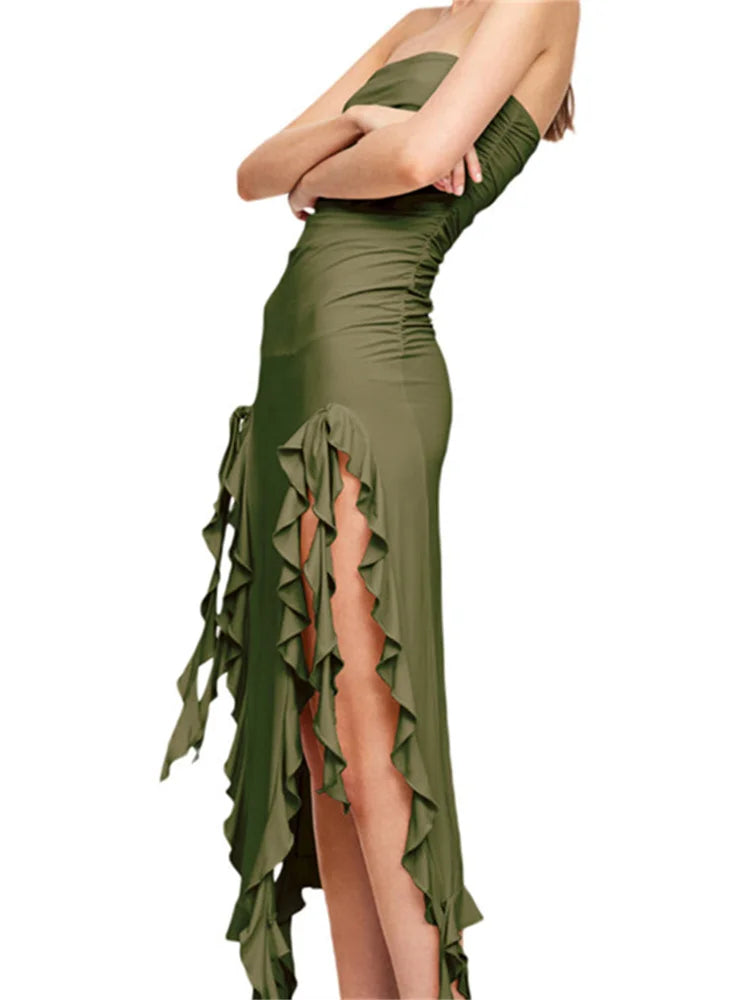Women's Strapless Off Shoulder Midi Dress – Ruffle Split Beach Dress