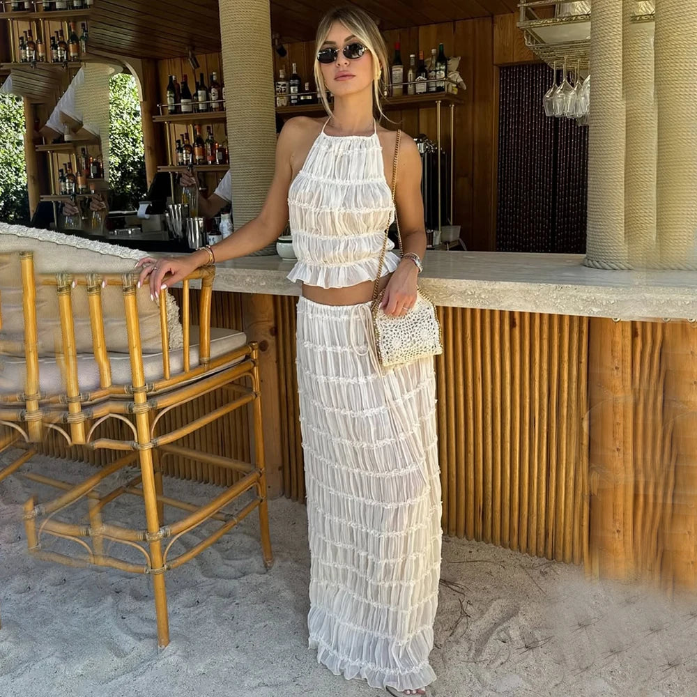 Women's Lace Halter 2-Piece Skirt Set – Backless Vest & Long Skirt