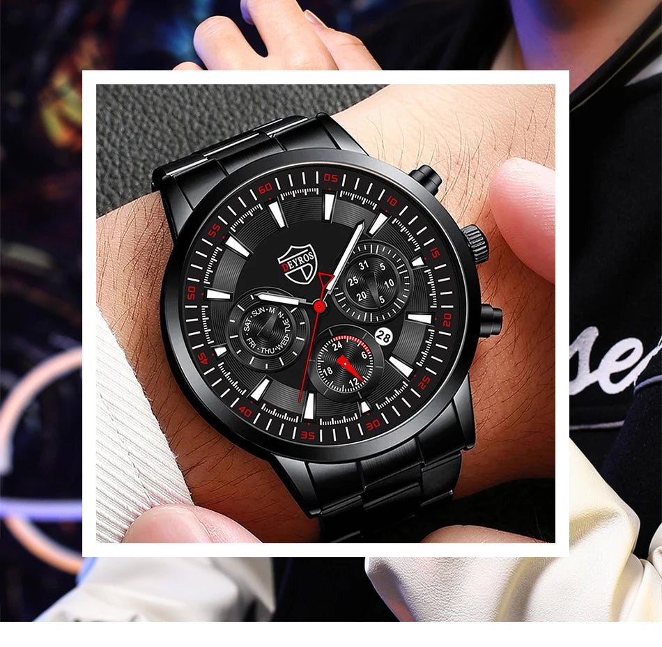 Fashion Mens Watches Set Luxury Men Sports Black Stainless Steel Quartz Watch Man Business Casual Wrist Watch