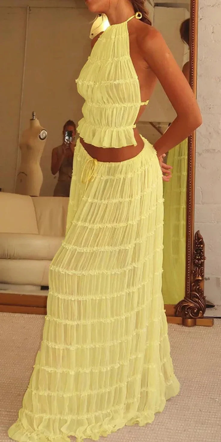 Women's Lace Halter 2-Piece Skirt Set – Backless Vest & Long Skirt