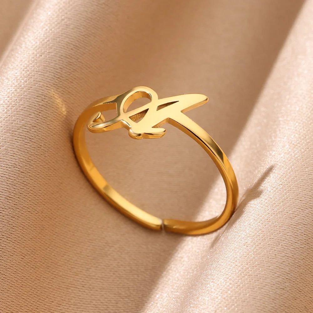 Initial Letter Ring A-Z — Gold Adjustable Stainless Steel