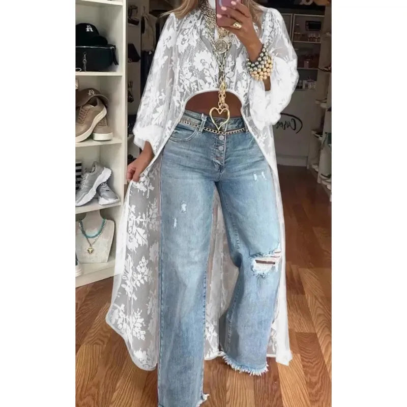Women's Lace Floral Blouse – High Neck, Puff Sleeve, Elegant Fit
