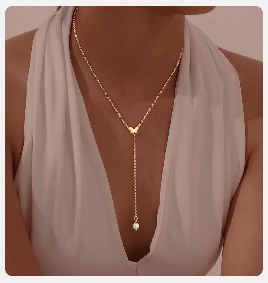 Heart & Butterfly Y-Necklace — Simple Sweater Chain