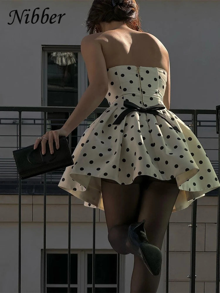 Women's Dots Print Y2K Mini Dress – Backless Bow Ruffle Bodycon