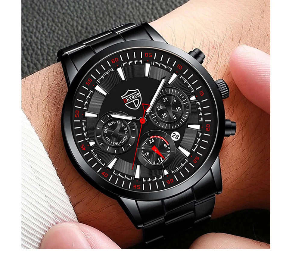 Fashion Mens Watches Set Luxury Men Sports Black Stainless Steel Quartz Watch Man Business Casual Wrist Watch