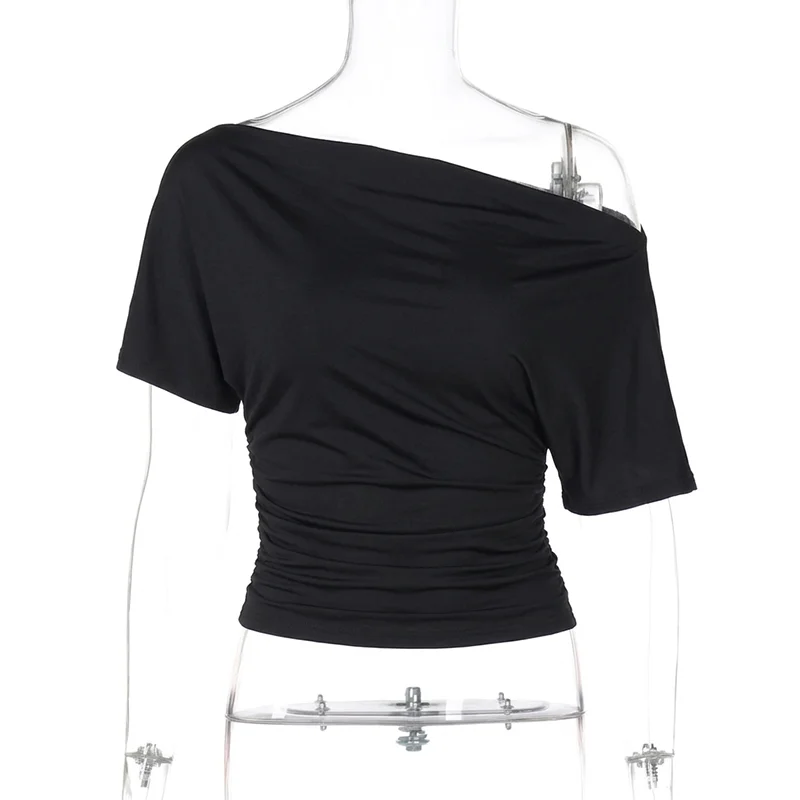 Women's One Shoulder Crop Top – Y2K Summer Short Sleeve Tee