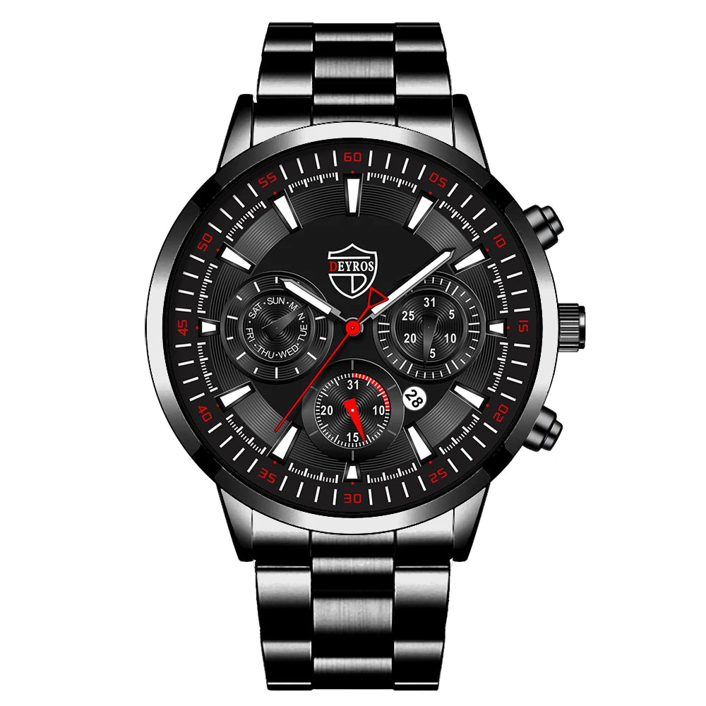 Fashion Mens Watches Set Luxury Men Sports Black Stainless Steel Quartz Watch Man Business Casual Wrist Watch