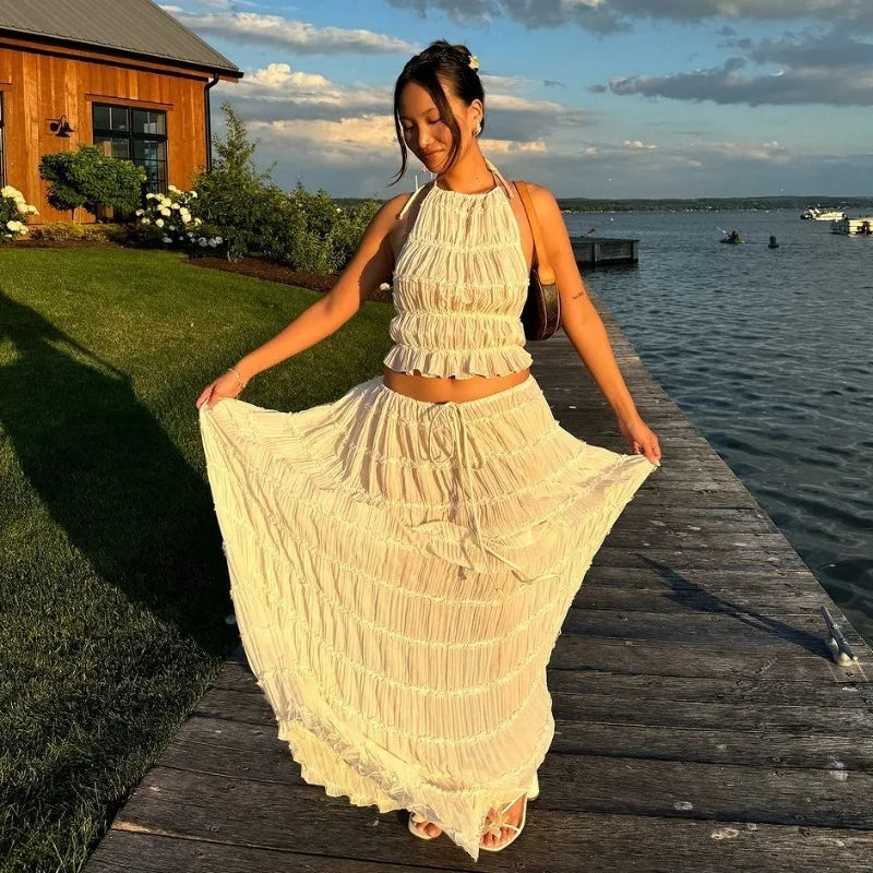 Women's Lace Halter 2-Piece Skirt Set – Backless Vest & Long Skirt