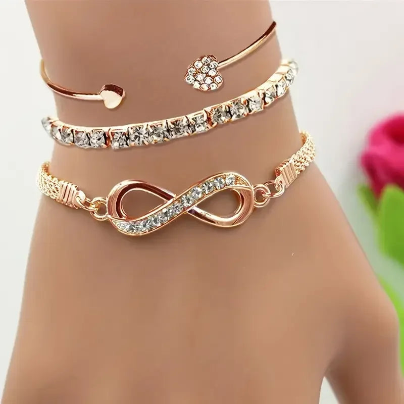3pcs Vintage Crystal Rhinestone Heart Bracelet Set