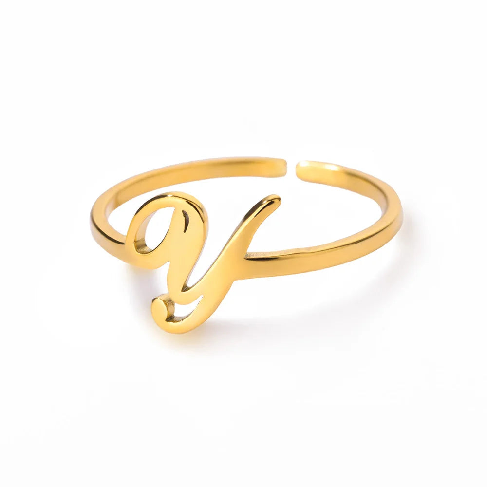 Initial Letter Ring A-Z — Gold Adjustable Stainless Steel