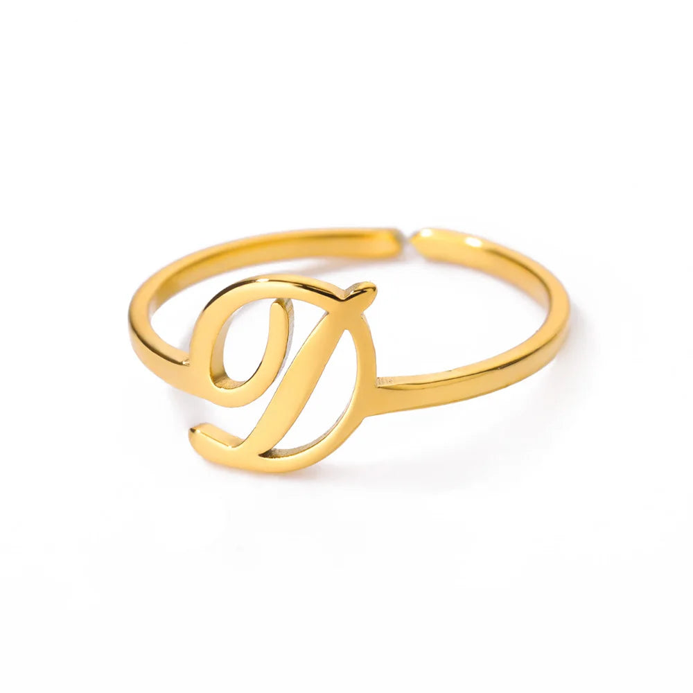 Initial Letter Ring A-Z — Gold Adjustable Stainless Steel