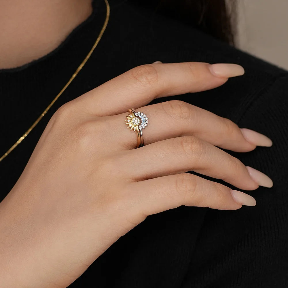 Sun & Moon Couple Ring Set — 925 Silver with Sky Blue Zirconia