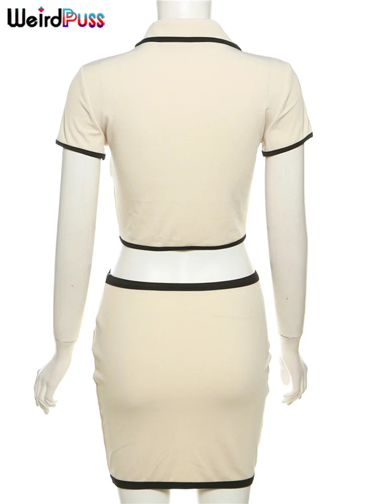 Women's Ribbed 2-Piece Set – Polo Neck Crop Top & Mini Skirt