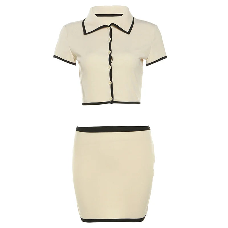 Women's Ribbed 2-Piece Set – Polo Neck Crop Top & Mini Skirt