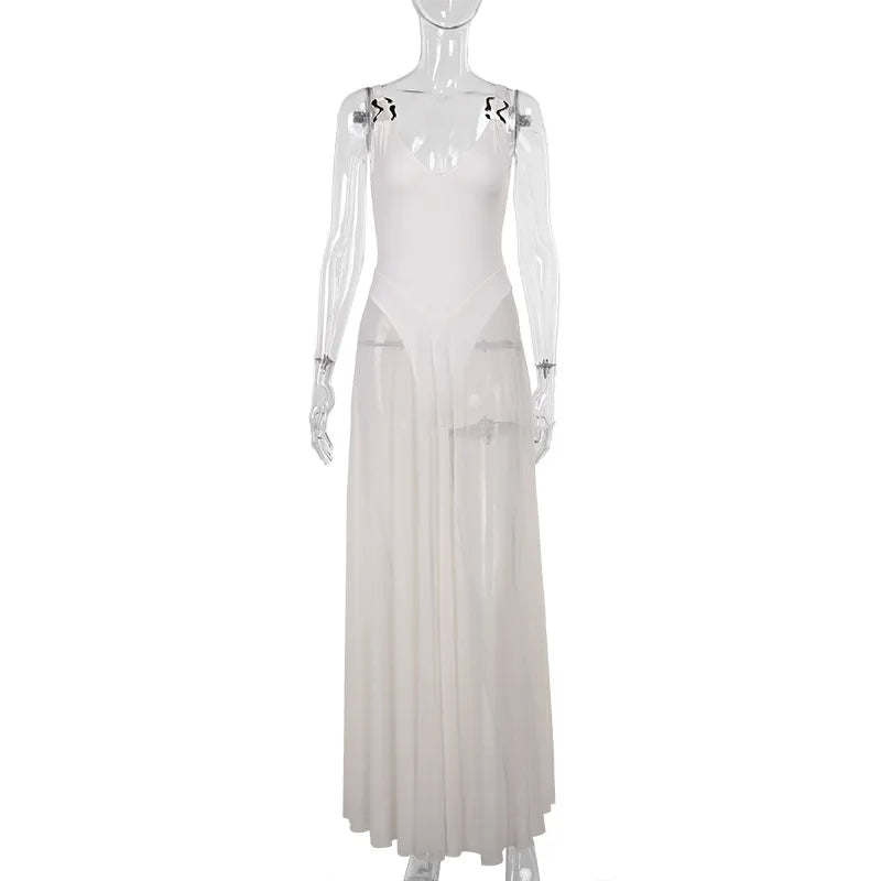 Women's Transparent Mesh Maxi Dress – Backless Beach Party Dress