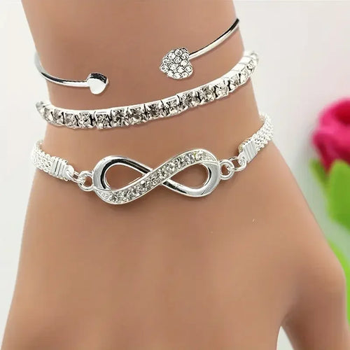 3pcs Vintage Crystal Rhinestone Heart Bracelet Set