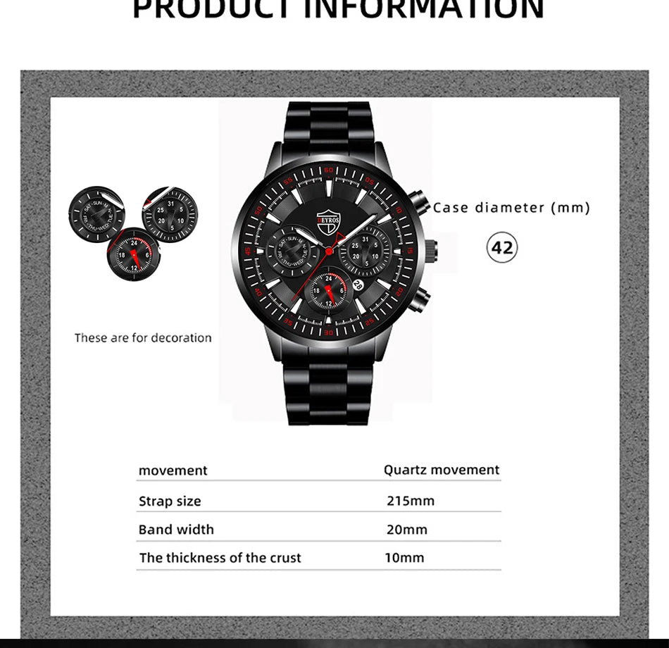 Fashion Mens Watches Set Luxury Men Sports Black Stainless Steel Quartz Watch Man Business Casual Wrist Watch