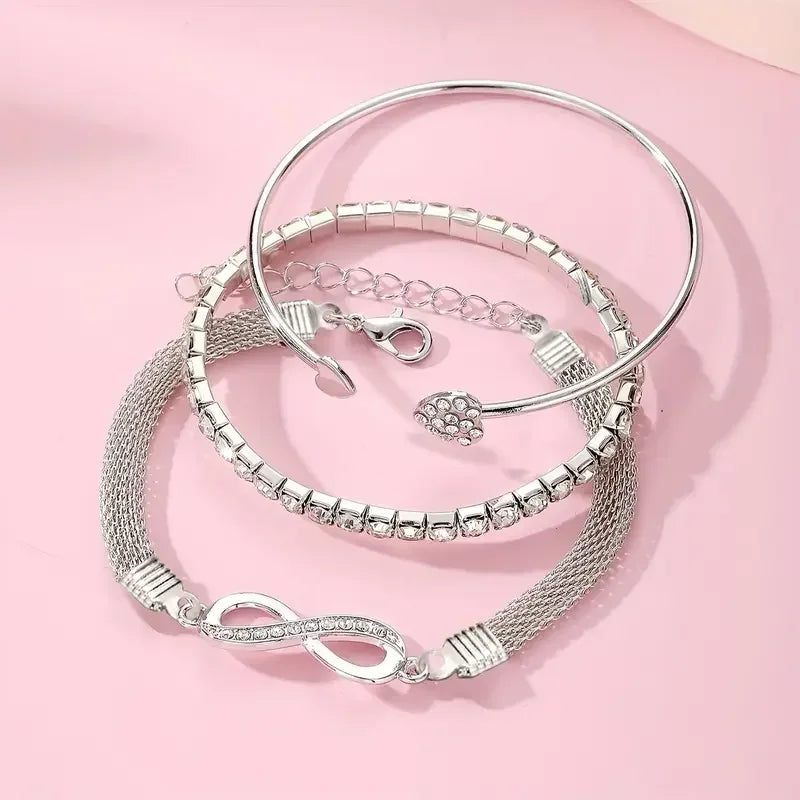 3pcs Vintage Crystal Rhinestone Heart Bracelet Set