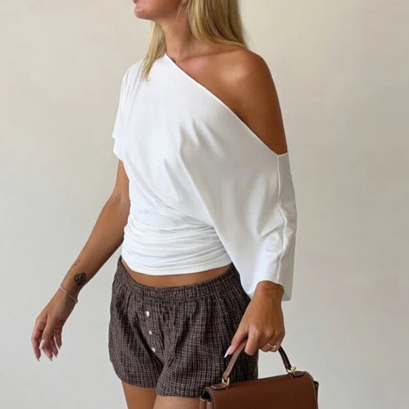 Women's One Shoulder Crop Top – Y2K Summer Short Sleeve Tee