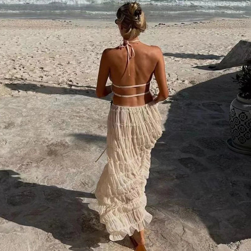 Women's Lace Halter 2-Piece Skirt Set – Backless Vest & Long Skirt