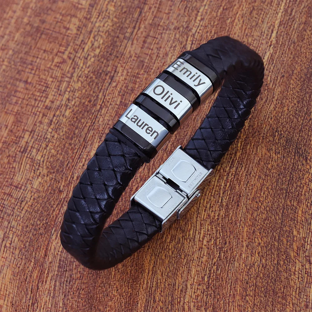 Custom Family Names Beads Personalized Mens Leather Bracelet Stainless Steel Charm Bangle Fashion Jewelry Gift for Men Dad