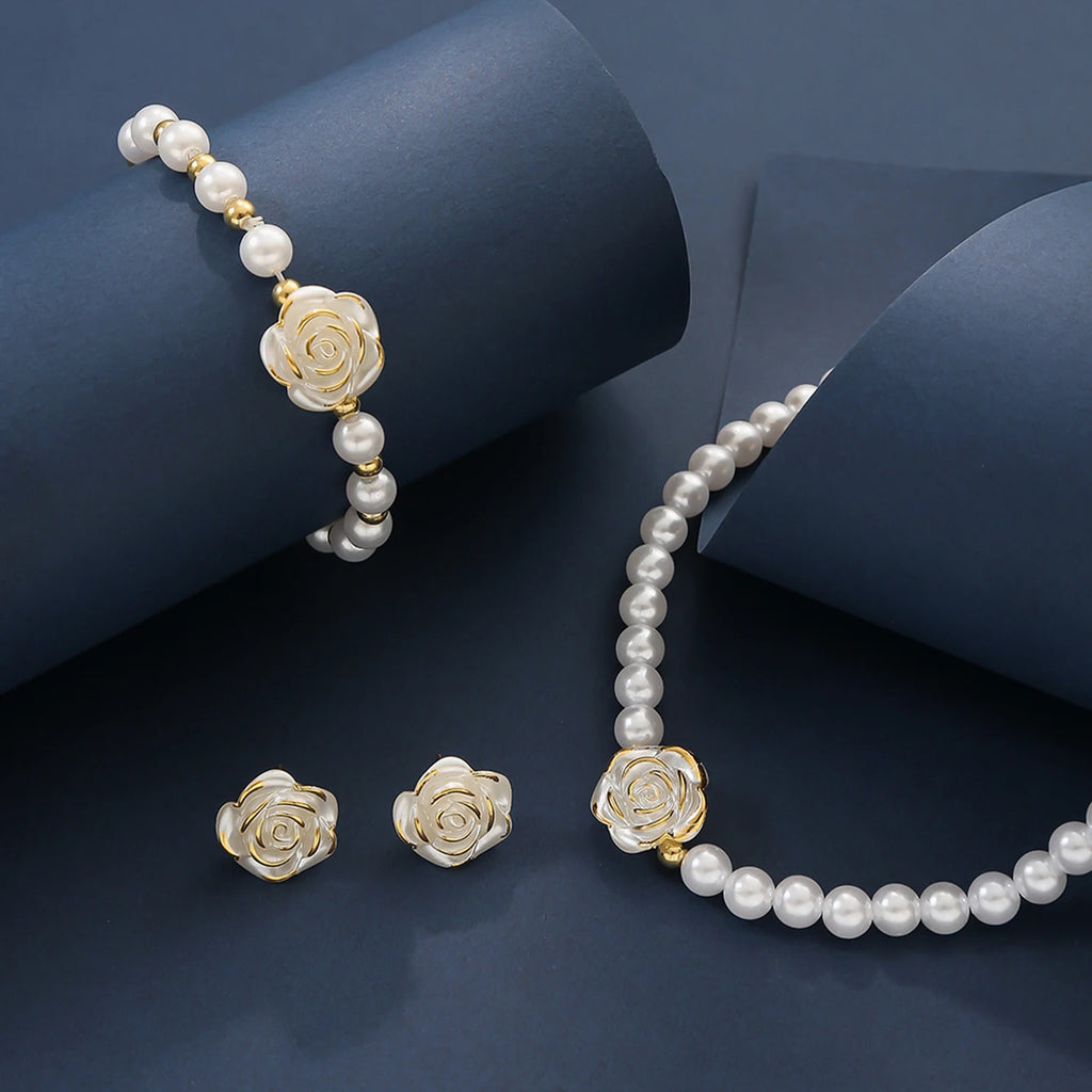 Elegant Pearl Flower Jewellery Set — Necklace, Bracelet & Earrings