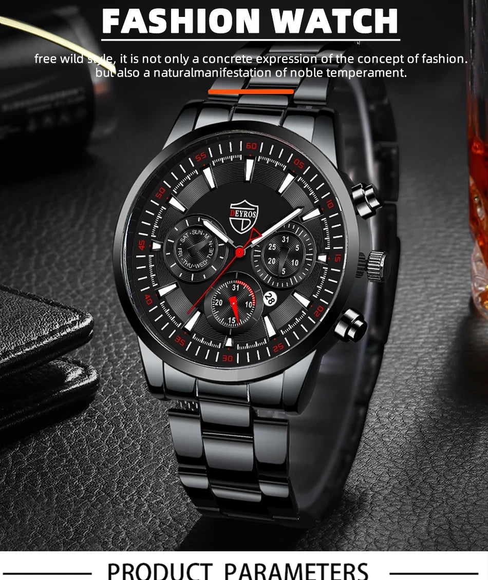 Fashion Mens Watches Set Luxury Men Sports Black Stainless Steel Quartz Watch Man Business Casual Wrist Watch