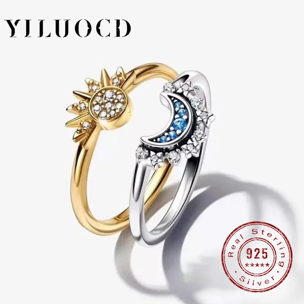 Sun & Moon Couple Ring Set — 925 Silver with Sky Blue Zirconia