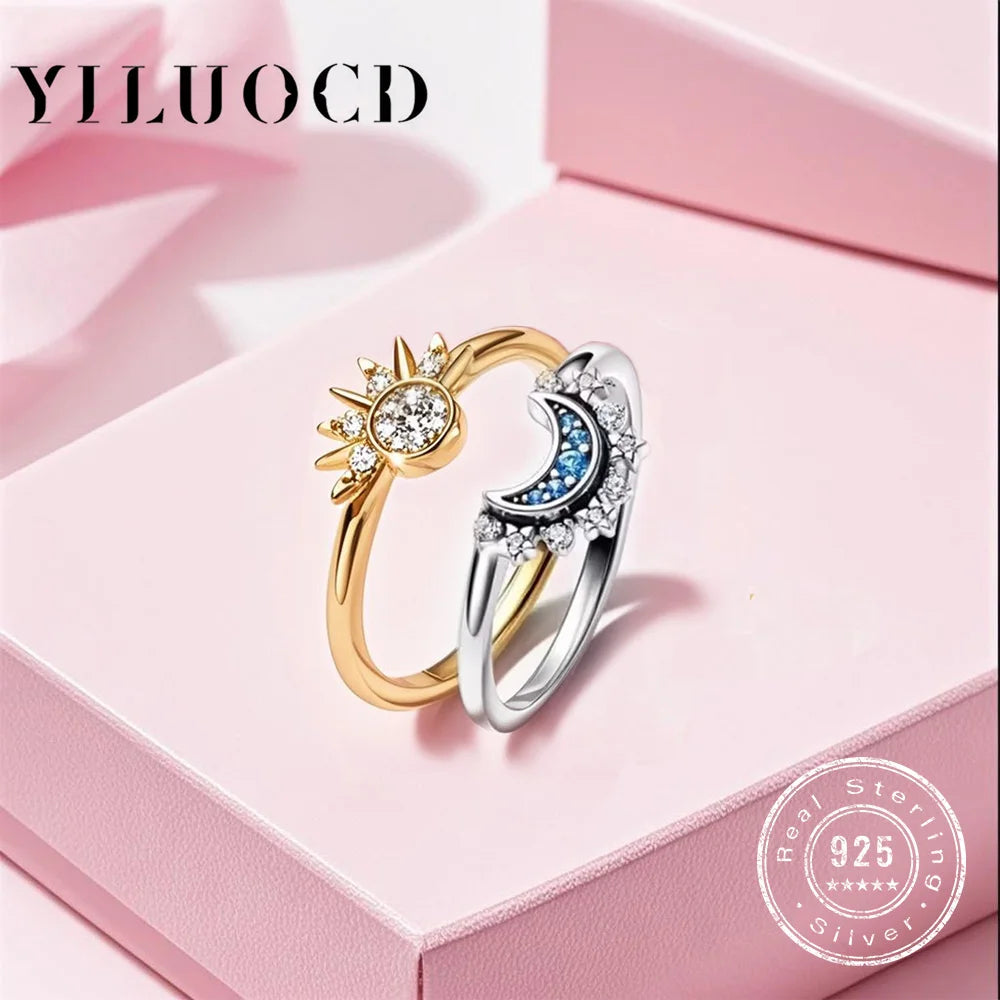 Sun & Moon Couple Ring Set — 925 Silver with Sky Blue Zirconia