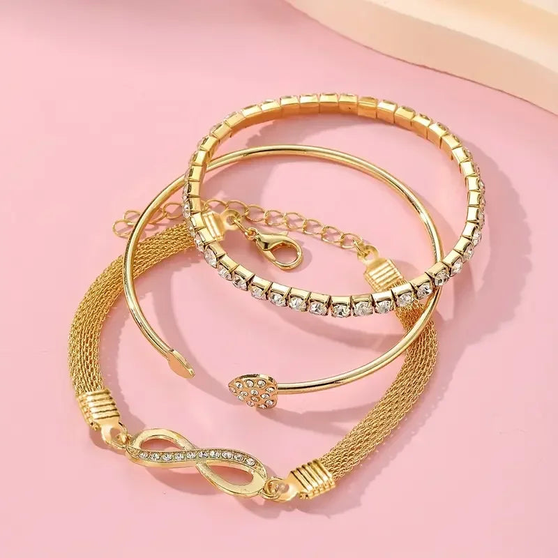 3pcs Vintage Crystal Rhinestone Heart Bracelet Set