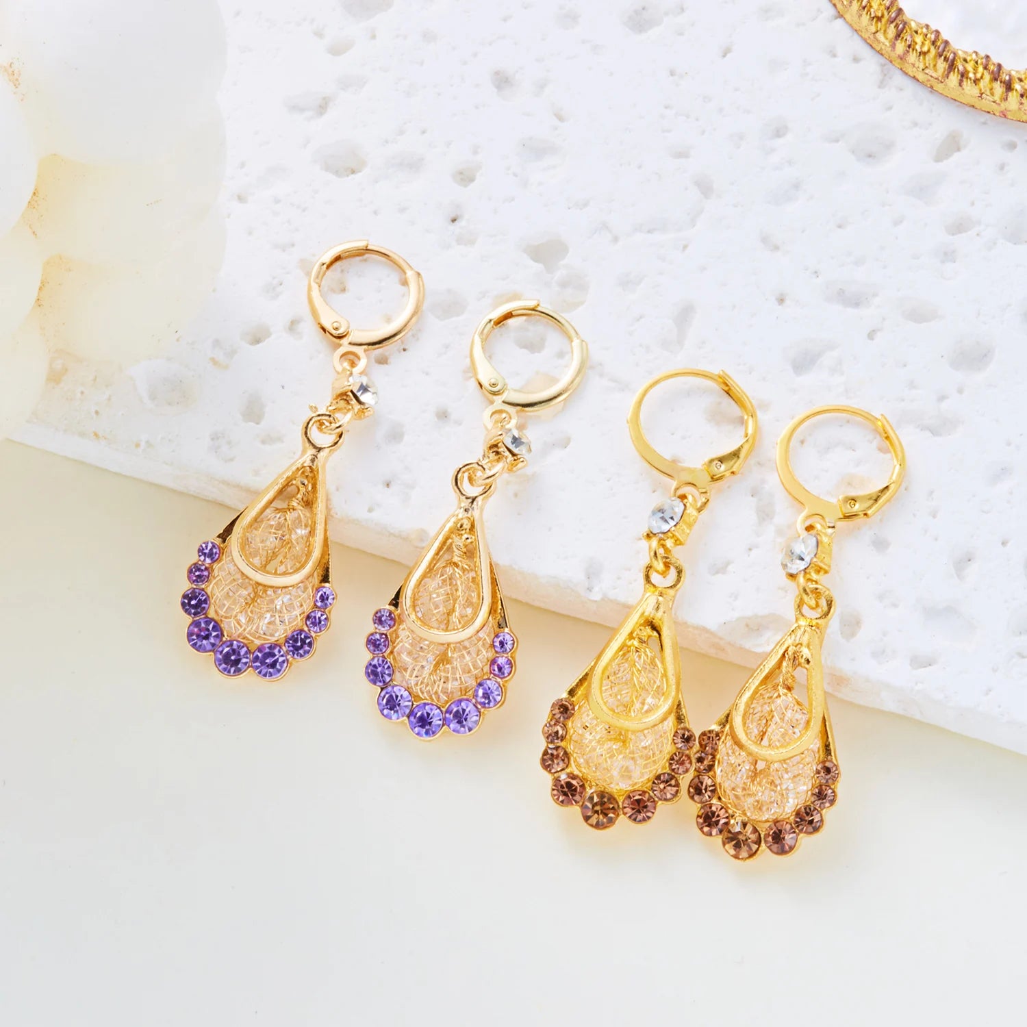Purple Crystal Long Tassel Drop Earrings