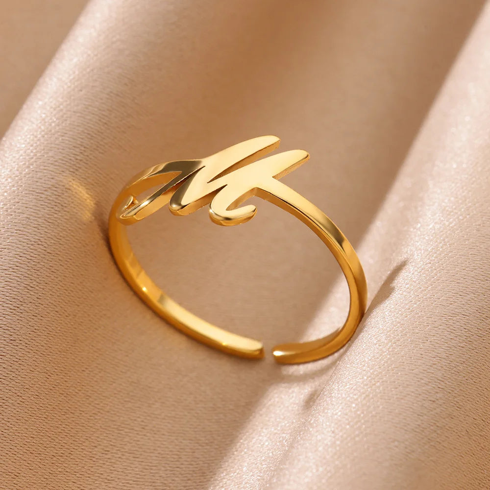 Initial Letter Ring A-Z — Gold Adjustable Stainless Steel