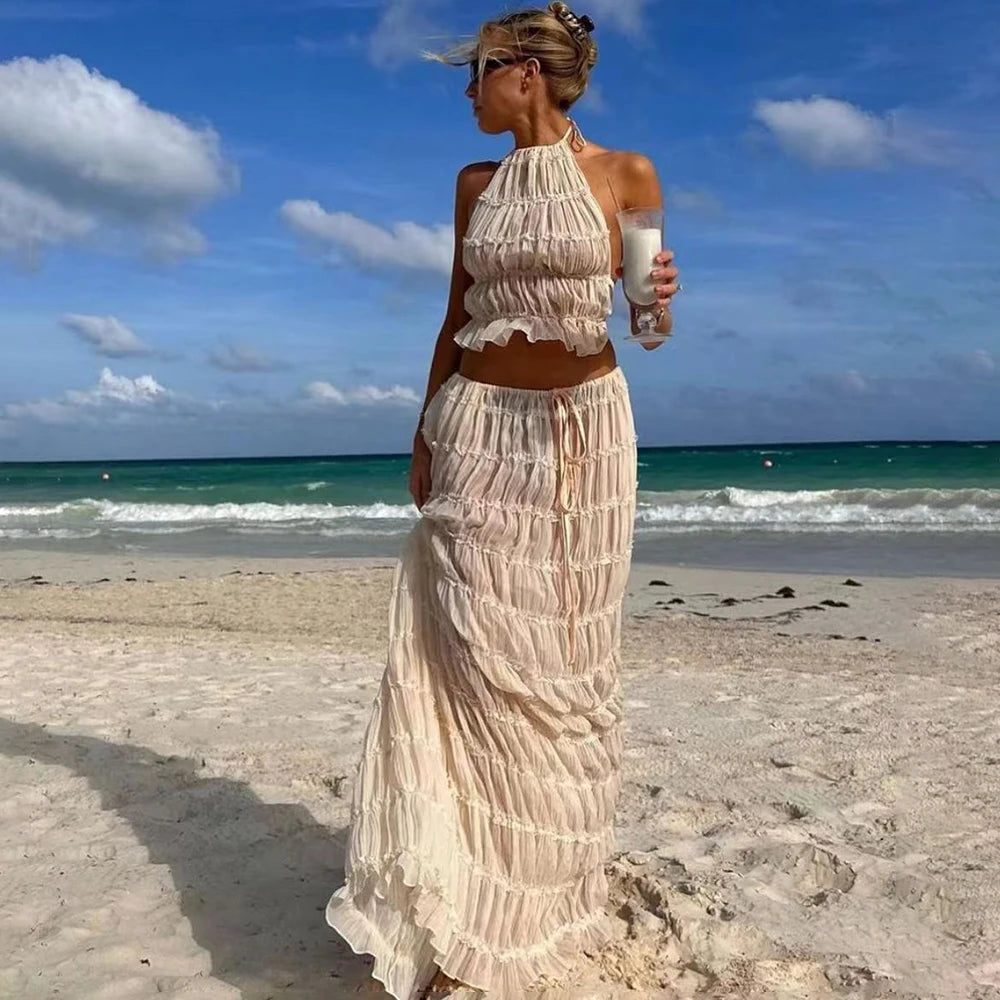 Women's Lace Halter 2-Piece Skirt Set – Backless Vest & Long Skirt